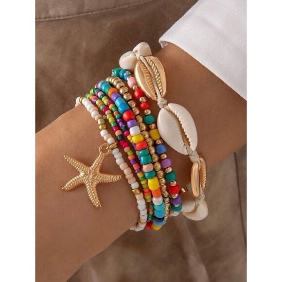 Bohemian Style Mixed Beads Bracelet Set Along with Alloy Star, White - Picture 3 of 3